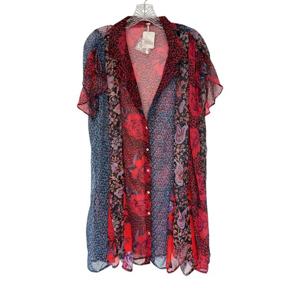 Free People Toni Printed Mini Dress Sheer Ruffle Red Floral Whimsical Fairy XL - Picture 2 of 12
